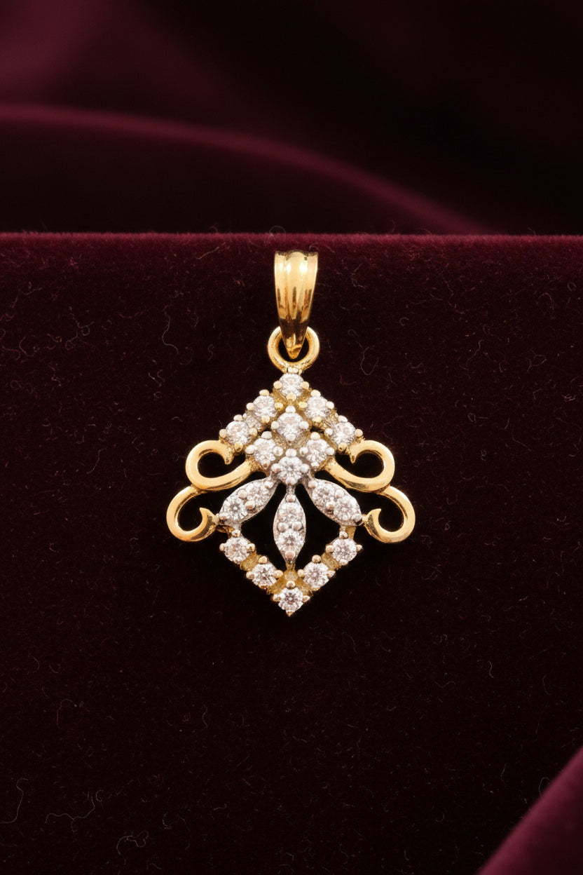 Gold pendant with diamonds on a white background, branded 'Amod Jewellery'.