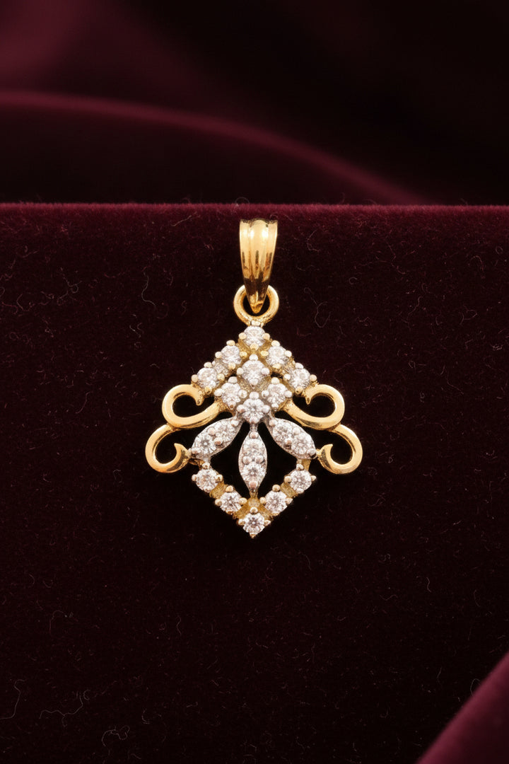 Gold pendant with diamonds on a white background, branded 'Amod Jewellery'.